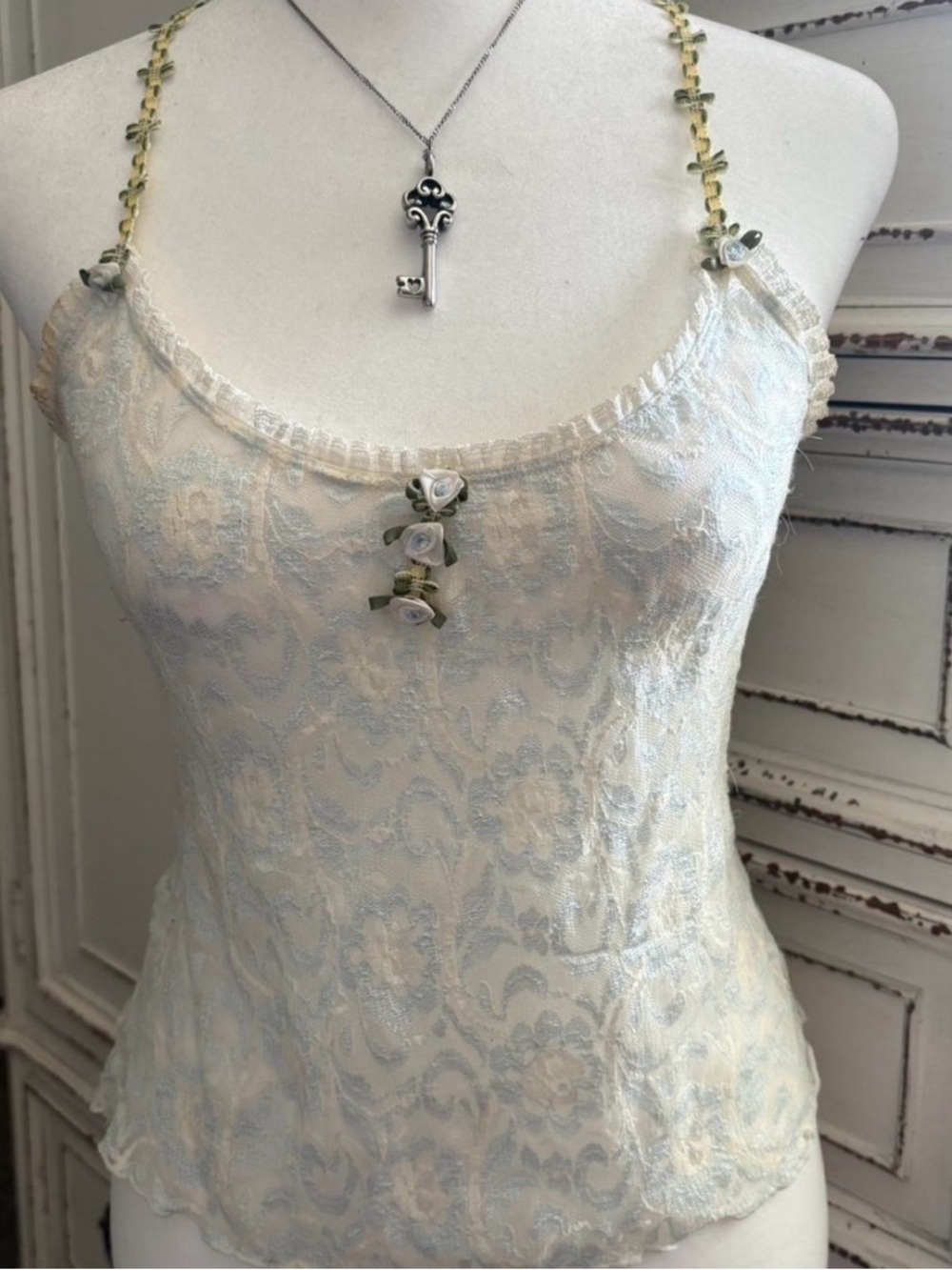 Cream and a hint of blue Lace Camisole with Floral Trim